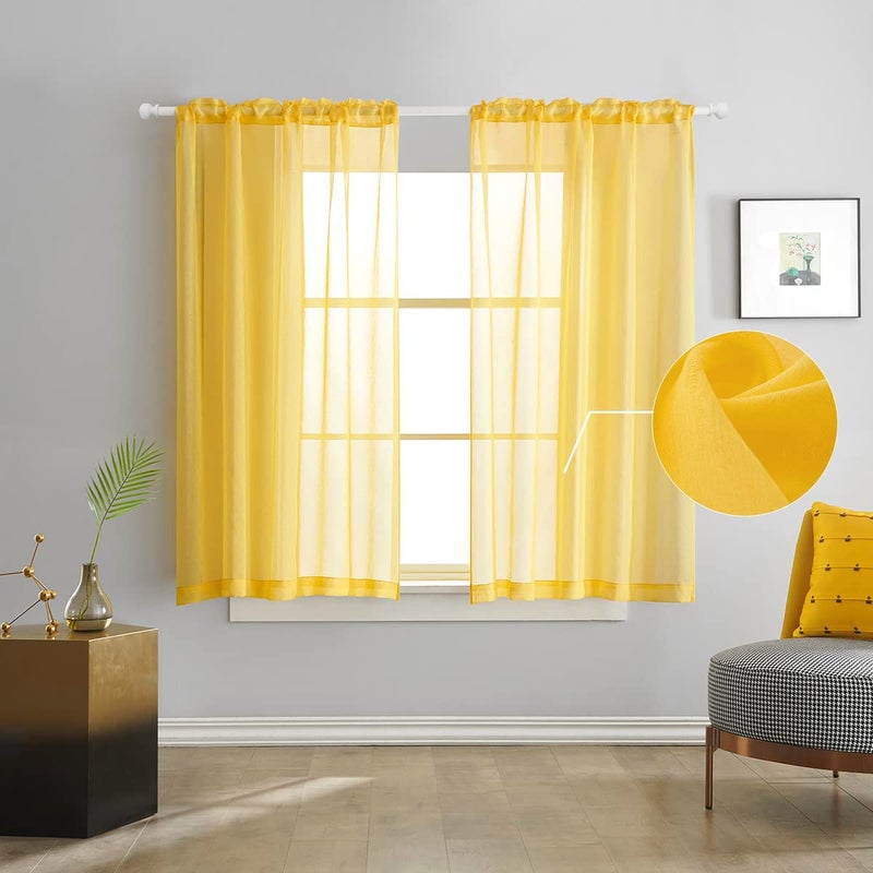 TOAVA DECO Christmas Yellow Semi Sheer Curtains 63 inch Length in Curtains Faux Linen Bright Yellow Sheers Curtain for Bedroom Living Room Girls Kids Room 2 Panels 52x63 Inches Long - Image 2